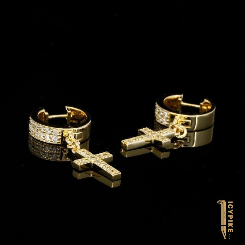 10K Solid Gold Moissanite Dangle Drop Earrings Men’s Moissanite Earrings Hip Hop Earrings Cross Earrings Lab Diamond Earrings - {{ cuban link}} Earrings