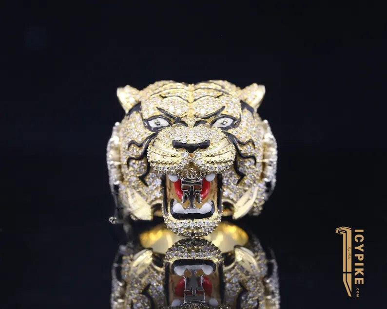 Tiger Head Iced Ring Hip Hop Ring Men‘s Moissanite Ring Full Iced Out Customize Ring - {{ cuban link}} Ring